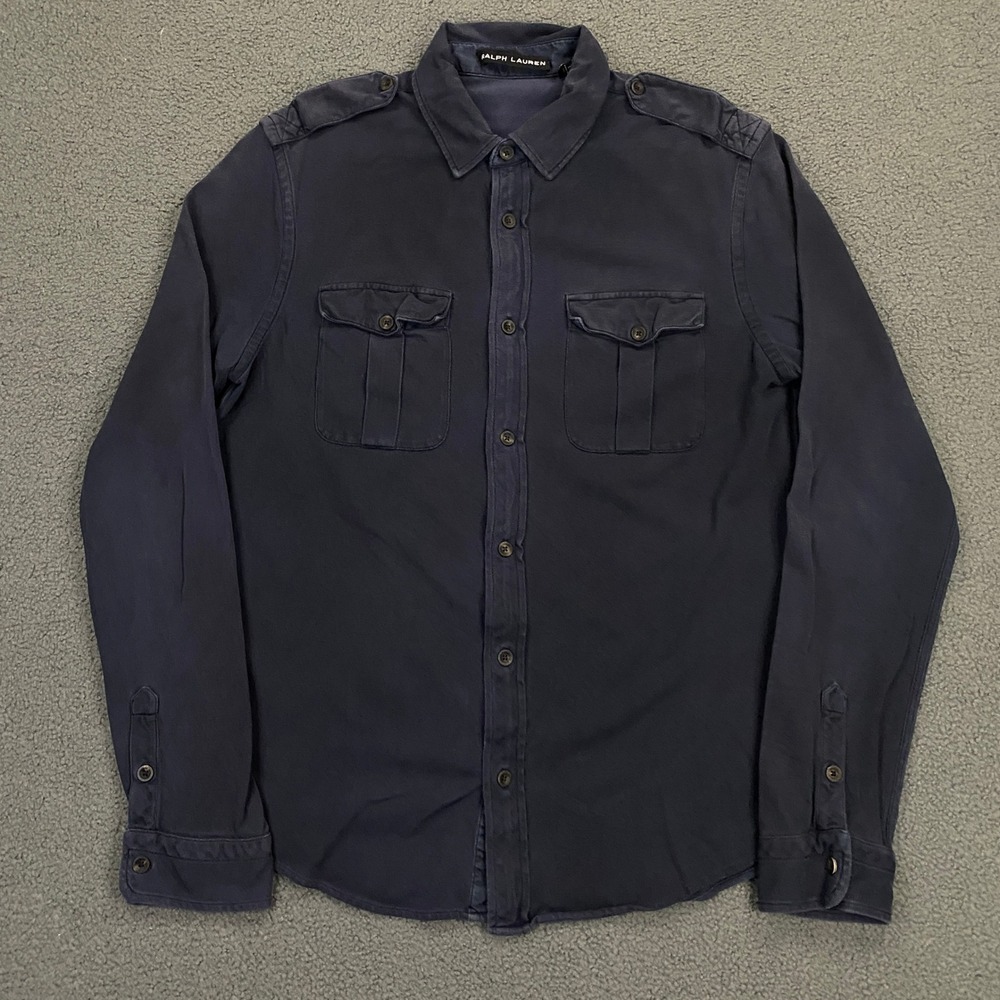 Ralph Lauren Black Label Shirt Mens Large Blue Mesh Knit Button Up Epaulets